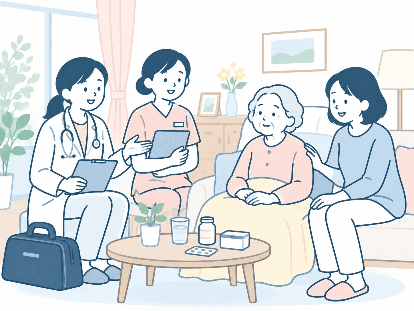 自宅で女性医師と女性看護師の訪問診療を受けている患者さん