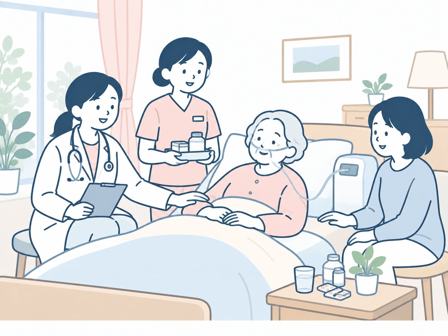自宅で患者さんの体調を確認する女性医師と女性看護師